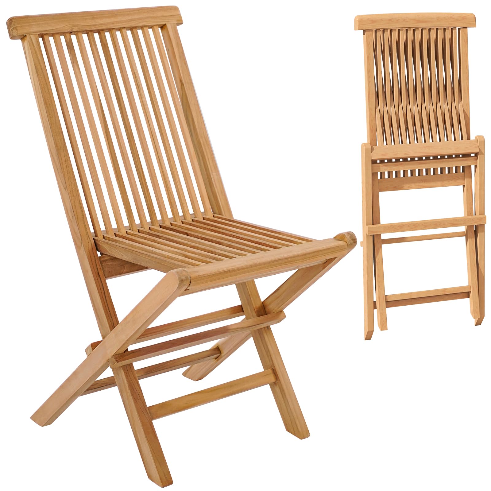 Tangkula 2 Piece Wood Patio Folding Chair, Sturdy Teak High-Back Chair With Slatted Design, Portable & Lightweight Outdoor Dinin